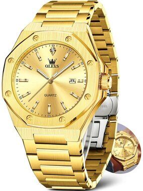 Men's Gold Luxury Stainless Steel Octagon Classic Analog Quartz Waterproof Watch